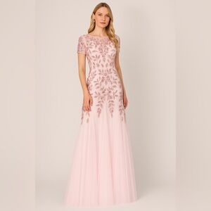 Adrianna Papell Blush Beaded Tulle Gown NWT Embellished Formal Dress 0